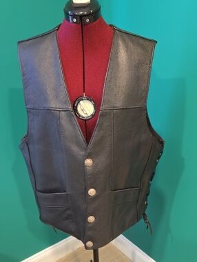 Men's Black Vintage Leather Harley Vest, XL